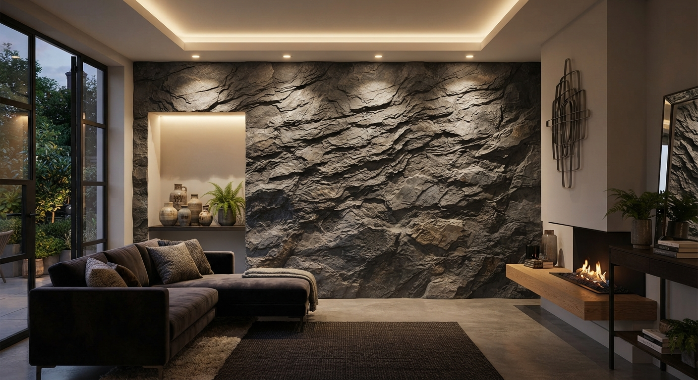 Ściana dekoracyjna w salonie za sofą